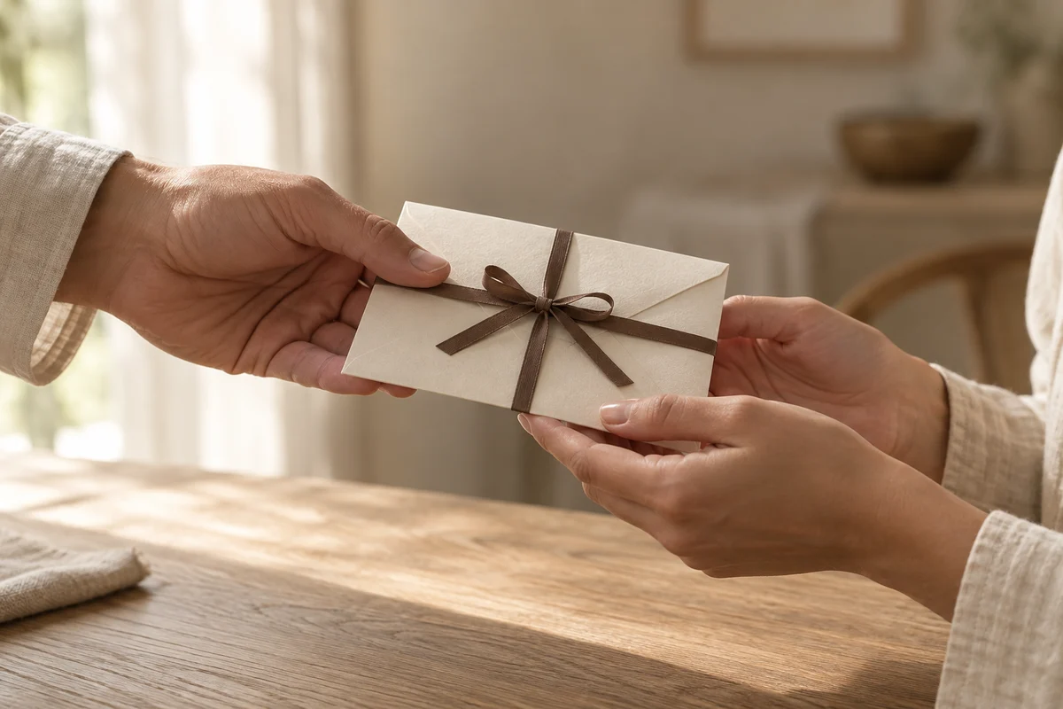 Hands passing a cream envelope tied with a brown ribbon in warm window light.